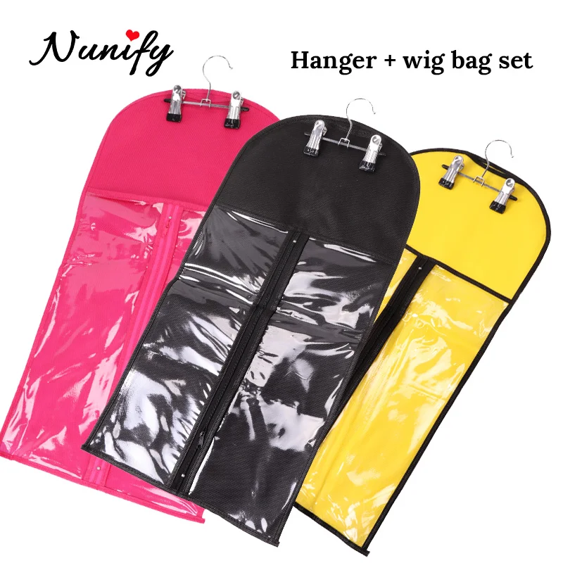 Nunify Plastic Wig Bag For Hair Weft Extension/Clip In Hair/Ponytail Dust-Proof Wig Storage Bag With Hanger Black Pink Yellow