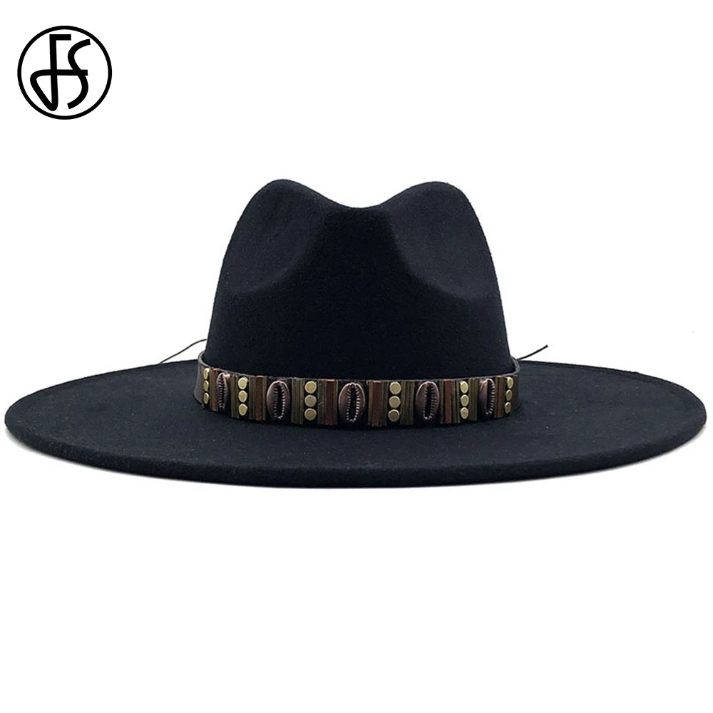 FS Retro Wide Brim 9.5CM Wool Fedora For Men Women Elegant Formal Church Hats With Ribbon Plain Panama Cap Sombrero Jazz Hat