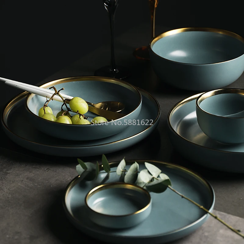 NEW Blue Golden Ceramic Plates Household Dishes Sauce Rice Bowls Soup Noodles Dinner Plate Steak Western Food Tableware