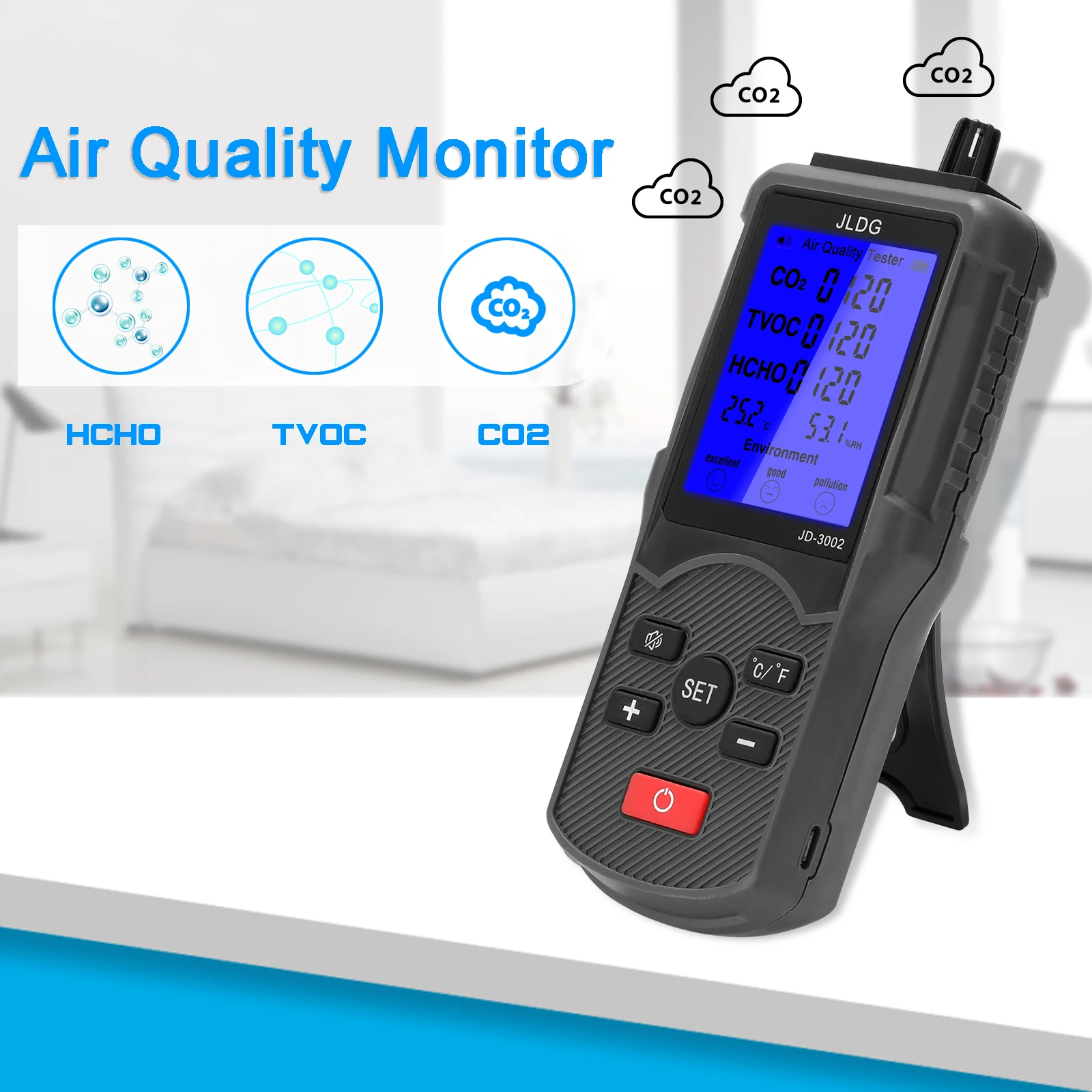 8 in 1 Air Quality Tester CO2 TVOC Meter Temperature Humidity Measuring Device USB Rechargeable Multifunctional Monitor JD-3002