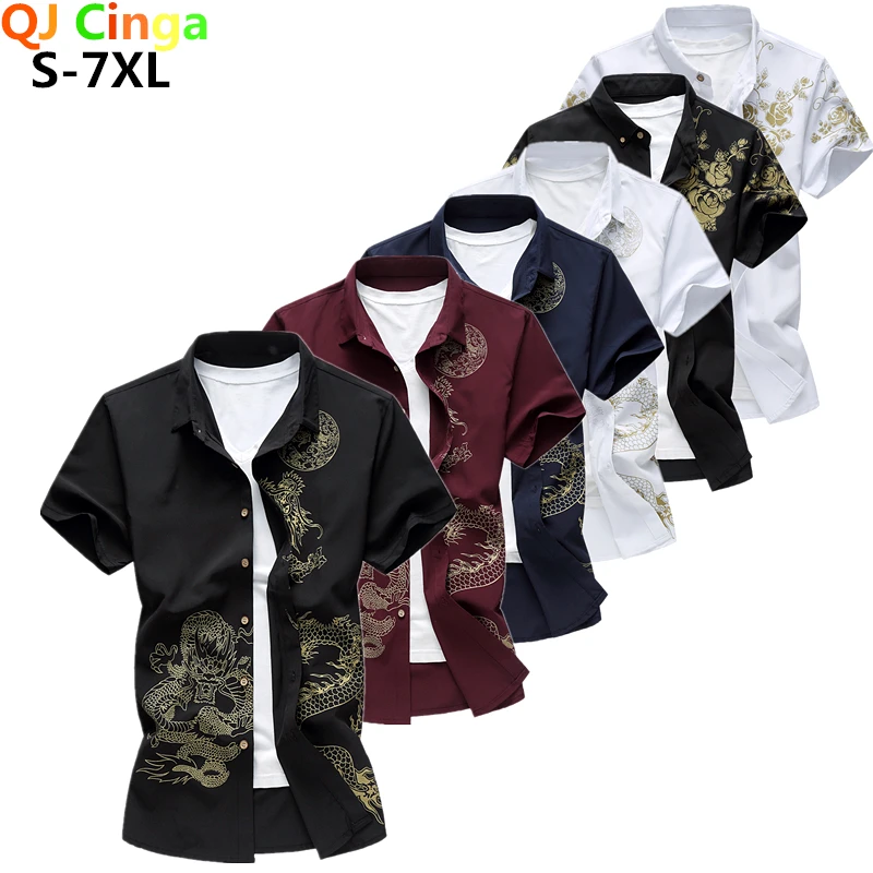 Chinese Style Summer Short Sleeve Shirt, Printed Dragon Shirts, Business Casual Wine Red Blue Black Men Camisa Party Wedding