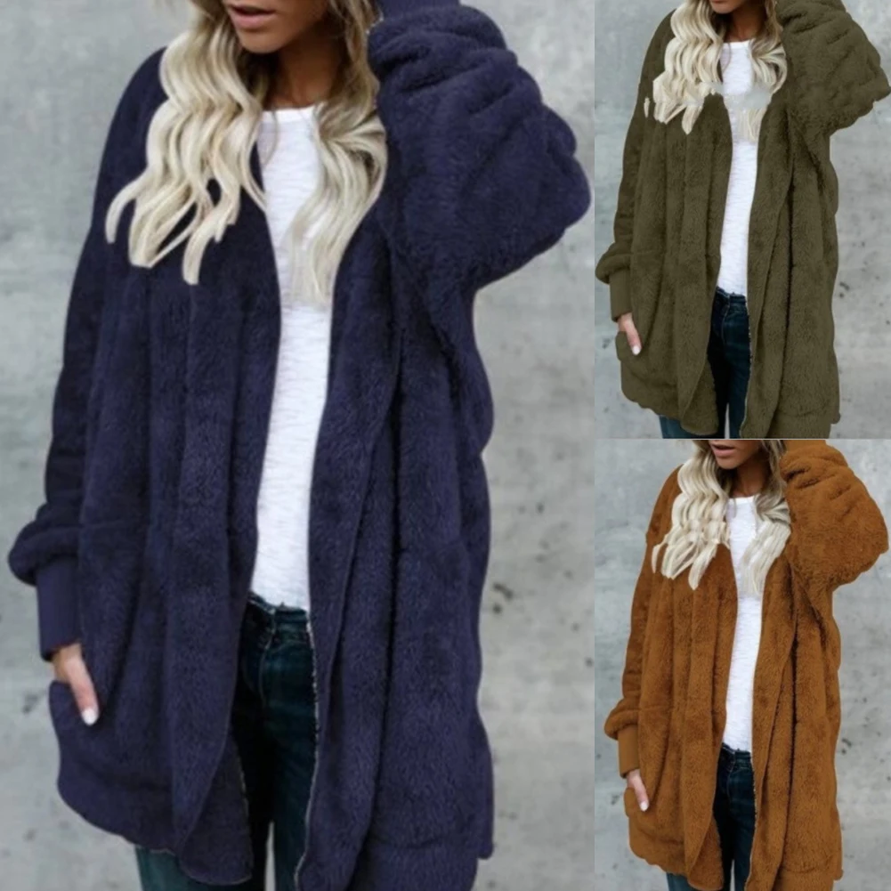 Loose Winter Women Solid Color Plush Faux Fur Warm Long Sleeve Hooded Female Jacket Midi Coat Cardigan 4 Colors