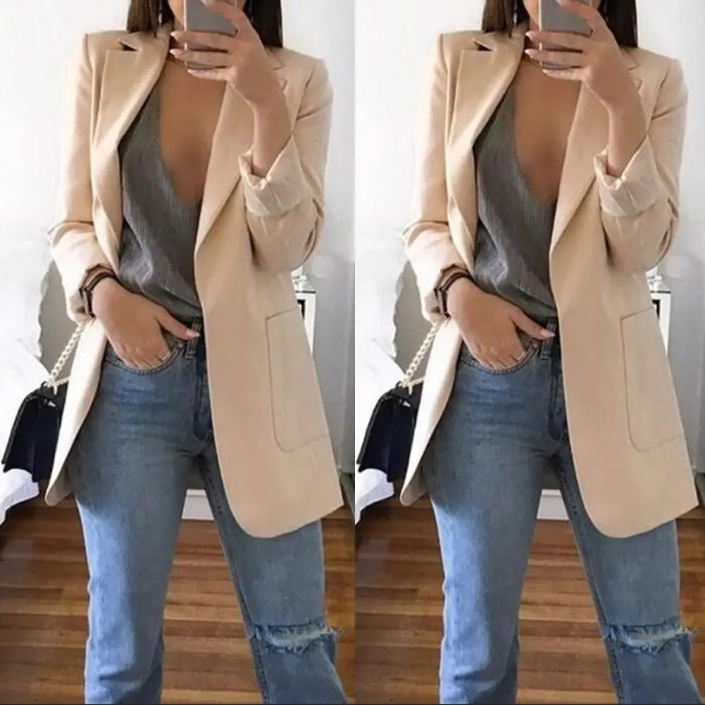 Outono inverno preto jaqueta feminina blazers sólido fino terno das senhoras do escritório terno de negócios feminino bolso casaco cinza cáqui