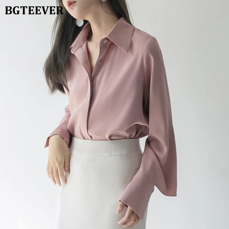 BGTEEVER Elegant Lapel Women Shirts 2022 Spring Summer Office Wear Long Sleeve Loose Single-breasted Female Blouses Tops