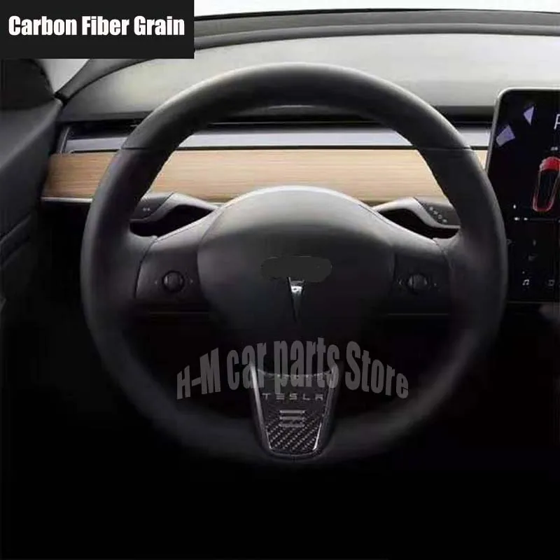 1pc Carbon Fiber Styling Car Steering Wheel Decoration Cover Sporty Modification with Logo Sticker Accessories for Tesla Model 3