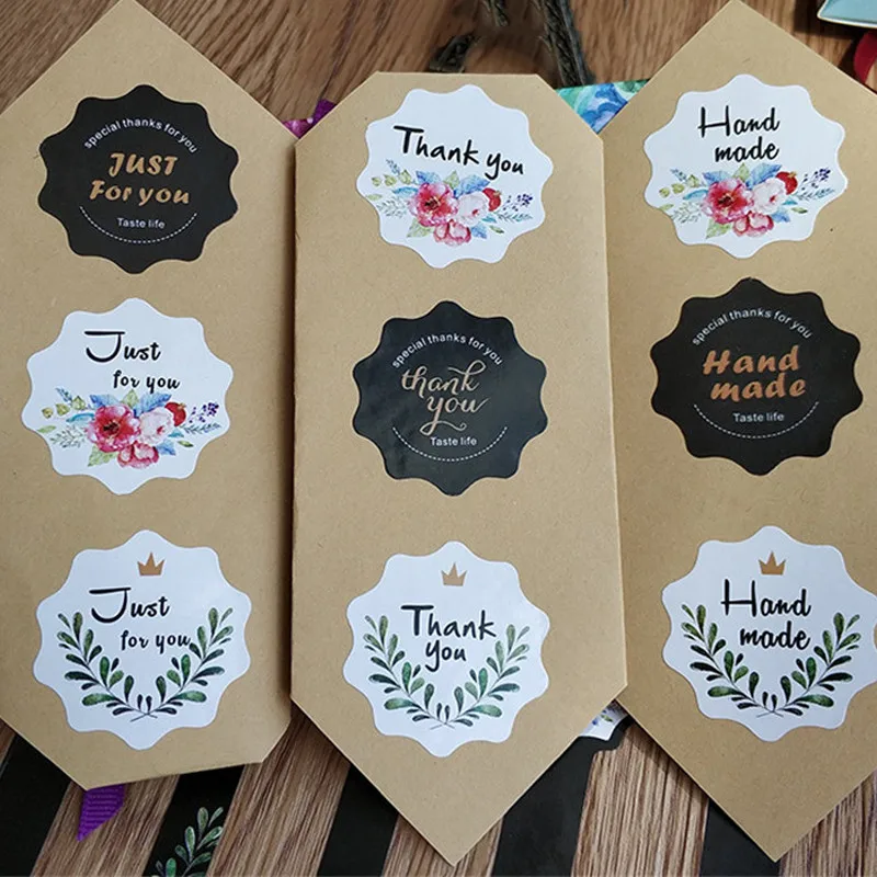 1200pcs/lot Cute Flower shape thank you Black White Sticker Handmade Adhesive Packaging Sealing Label Sticker DIY Gift Stickers