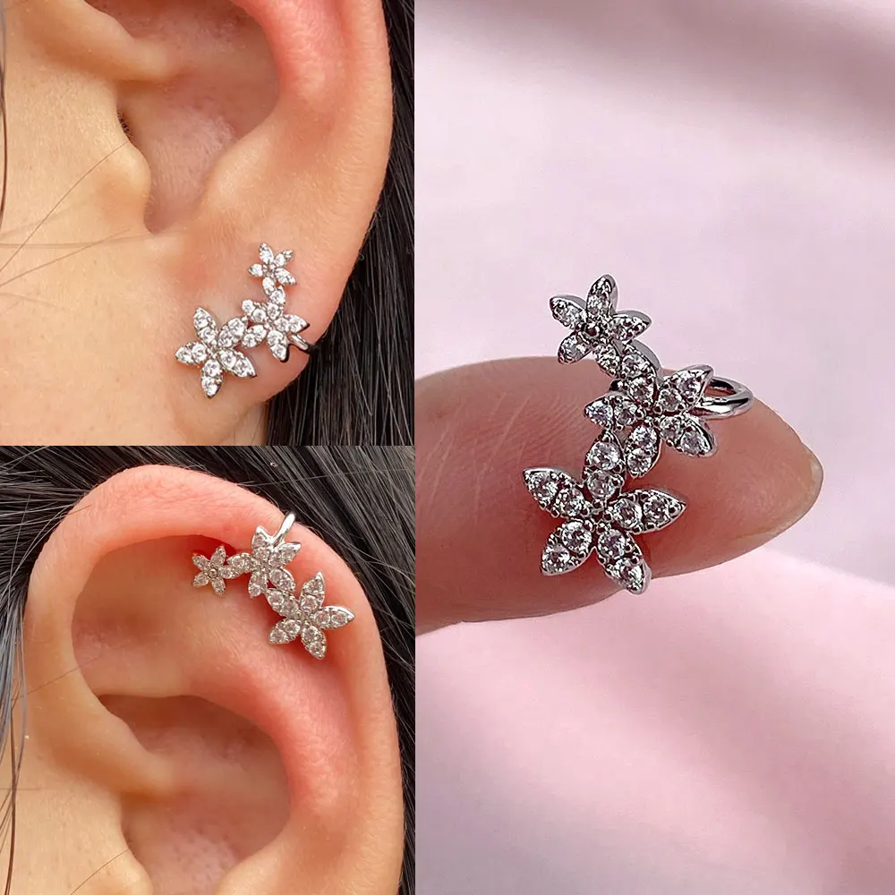 1Pcs Korean New Sweet Cute Crystal Flowers Clip Earrings For Women Fashion Shiny Zircon Ear Cuff  Ear Wrap Party Jewelry Gifts