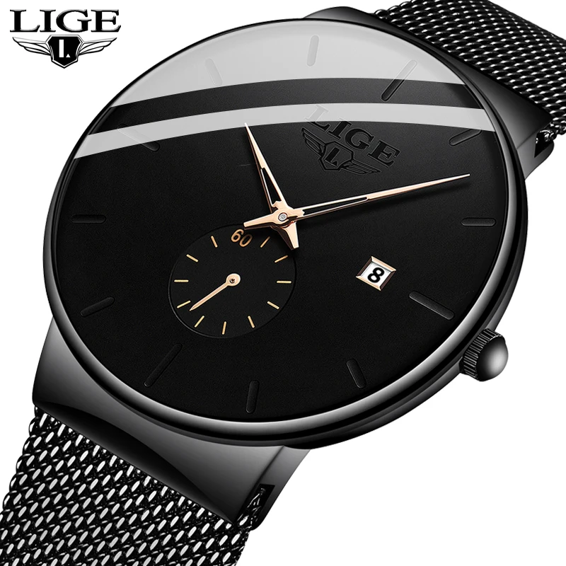 LIGE 2023 Fashion Mens Watches Top Brand Luxury Quartz Watch Men Casual Slim Mesh Steel Waterproof Sport Watch Relogio Masculino