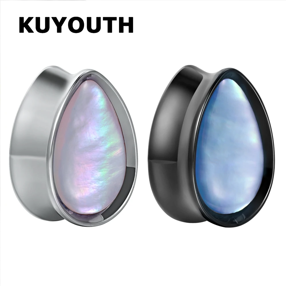 KUYOUTH Fashion Stainless Steel Water Drop Pink Blue Shell Ear Piercing Expanders Body Jewelry Earring Tunnels Plugs Gauges 2PCS