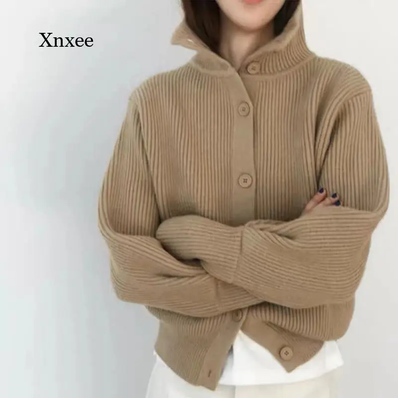 

2021 Turtleneck Spring Knit Coat Solid Color Buttons Down Sweater Coats New Stand Collar Korean Sweater Cardigan Femme Clothing