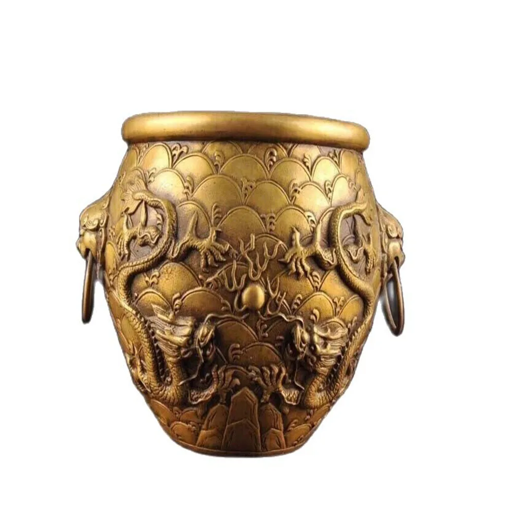 

Chinese Old Handmade Carving Brass Dragon Phoenix Pot Crock Incense Burner