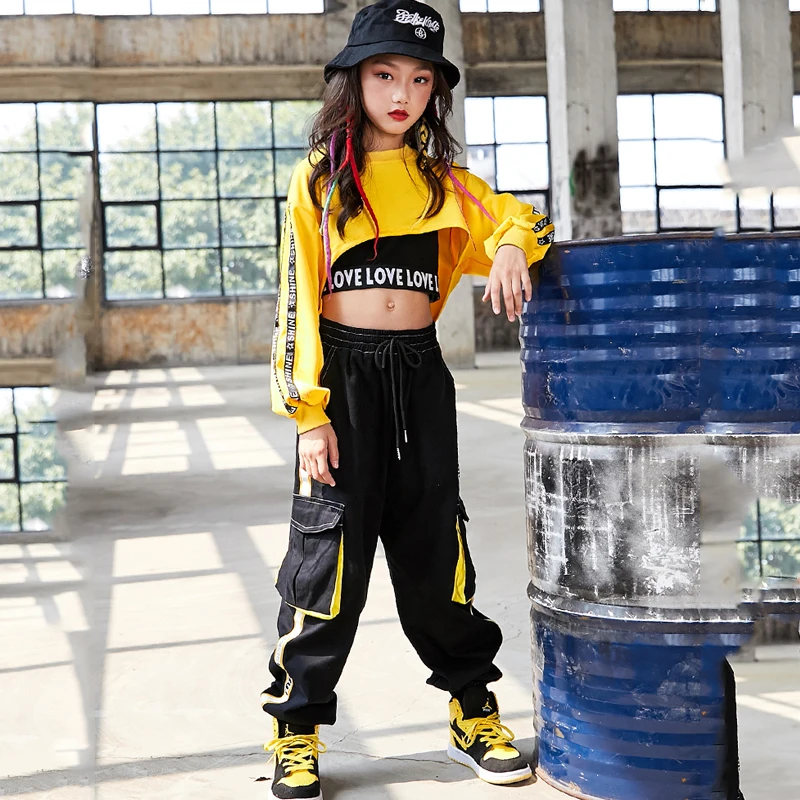 Children Hip Hop Clothes Girls Jazz Street Dance Costume Kids Sweatshirt Pants Set Ballroom Dancewear Stage Rave Clothing DQS352