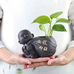 1PCS Ceramic Tea pet Small Buddha Statue Monk Figurine Ornaments Desktop Flower Pot Purple Ceramic Decoration Tea  Accessories