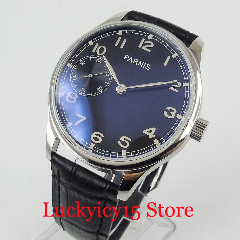 PARNIS Dress Mechanical 44MM 6497 Movement Hand Winding Men Wristwatch Black/White Dial Polished Bezel Leather Strap