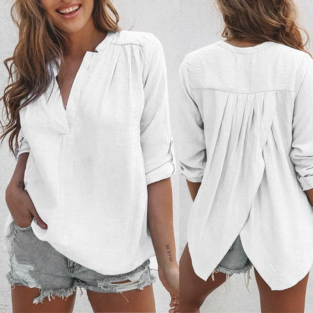 2021 Women Shirts And Blouses Solid Loose Feminine Blouse Top Long Sleeve Casual White Turn-down Collar OL Style Irregular Hem