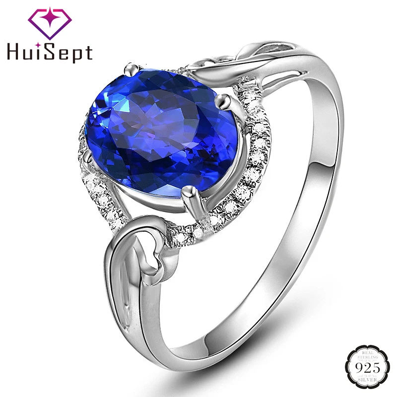 

HuiSept 925 Silver Ring Oval Shape Sapphire Zircon Gemstone Jewelry Accessories Open Rings for Women Wedding Party Dropshipping