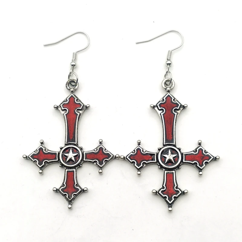 Red Bloody Inverted Cross Pendant Earings Vintage Gothic Cross Pendant Earings Devil Lucifer Satan Satanic Jewelry