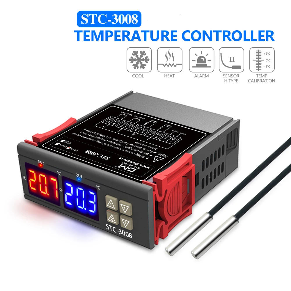 

Dual Digital STC-3008 Temperature Controller Two Relay Output Thermostat Heater with Probe 12V 24V 220V Home Fridge Cool Heat