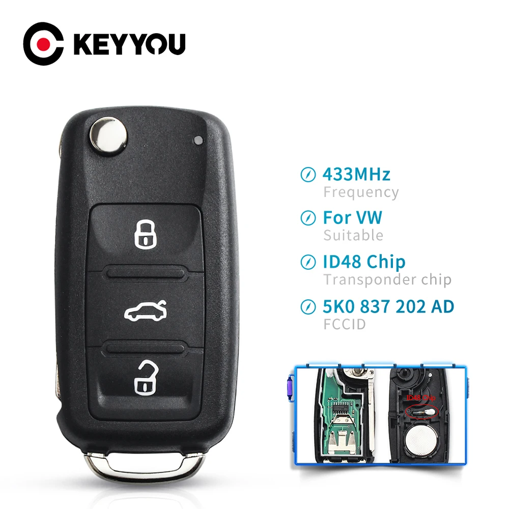 KEYYOU Remote key 434MHz ID48 Chip for VW Volkswagen GOLF PASSAT Tiguan Polo Jetta Beetle Car Keyless 5K0 837 202AD 5K0837202AD