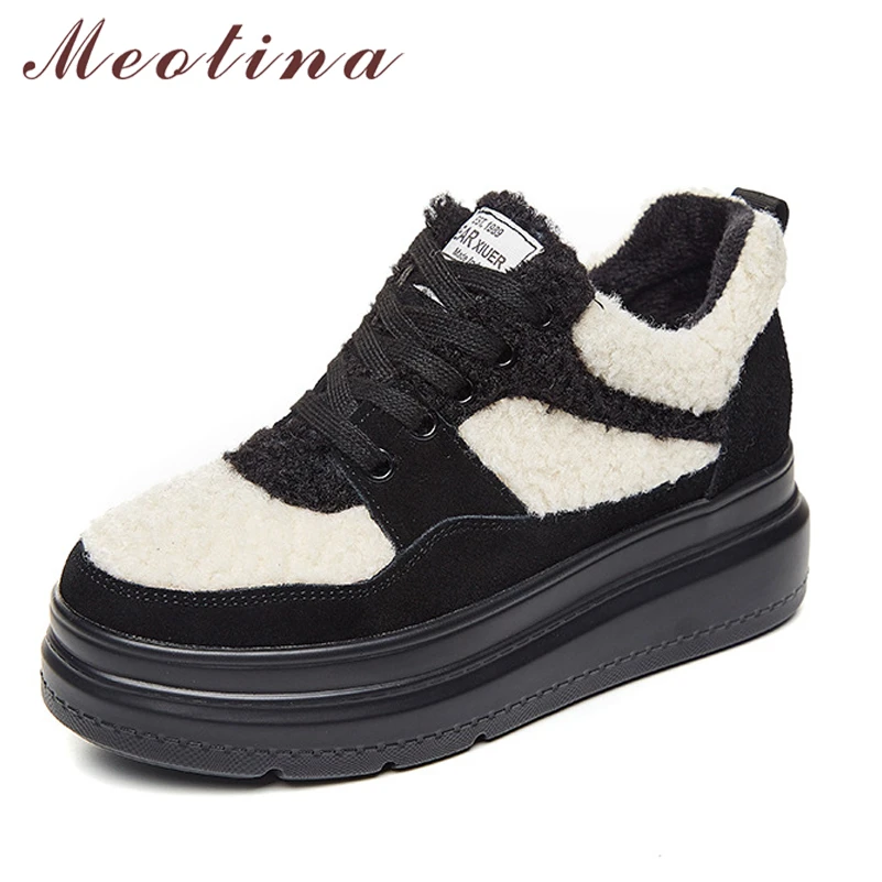 Meotina Sneakers Women Shoes Genuine Leather Flats Platform Shoes Warm Round Toe Causal Lace Up Shoes Female  Winter Black 39