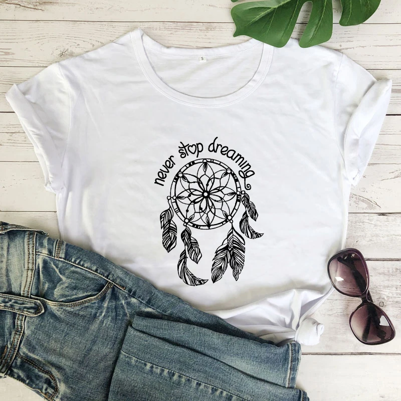 Never Stop Dreaming T-shirt Aesthetic Boho Dreamcatcher Tshirt Trendy Women's Dream Catcher Graphic Tee Shirt Top camiseta