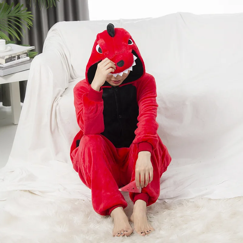 Disfraces de dibujos animados para mujer y hombre, Pijama Rojo Tiranosaurio Rex Kigurumi para adultos, mono de una pieza para carnaval