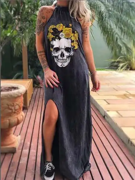 2020 Zomer Jurk Vrouwen Casual Punk Losse Korte Mouwen Skull Print Vrouwelijke Jurk Streetwear Side Hoge Split Bloem Vrouwelijke Vestido