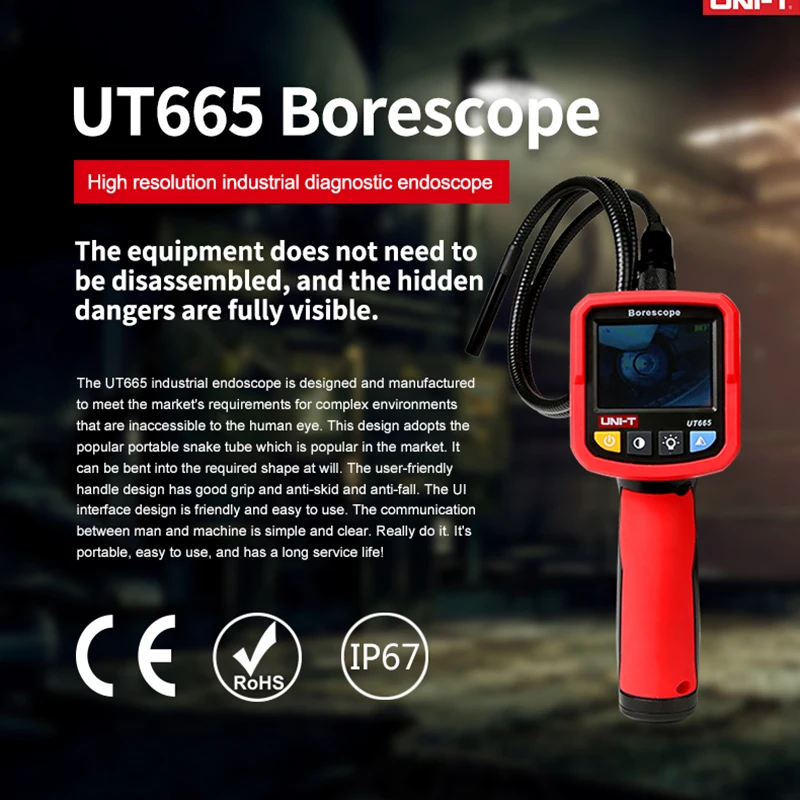 UNI-T UT665 Professional Endoscope For Cars Handheld 2.4 Inch Industrial Snake Borescope Video Inspection Camera IP67 Waterproof