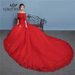 Fashion Red Romantic Long Train Off Shoulder Wedding dress Real Photo Sexy Boat Neck Half Sleeve Lace Applique Ball Gown Brides