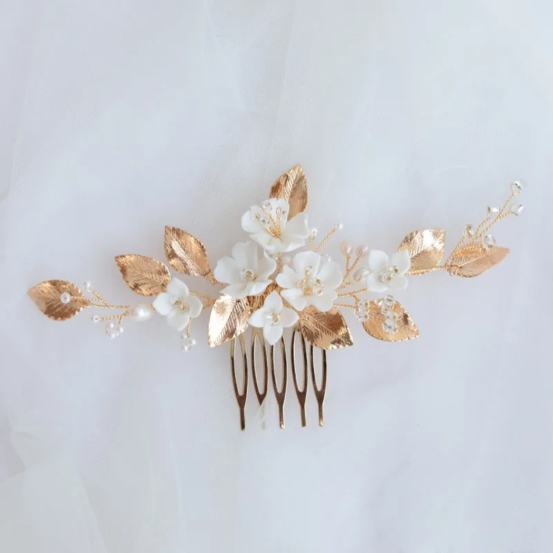 Floralbride Alloy Leaf Crystal Rhinestone Ceram Flower Bridal Hair Comb Hair PIn Stickers Wedding Hair Accessories Women Jewelry