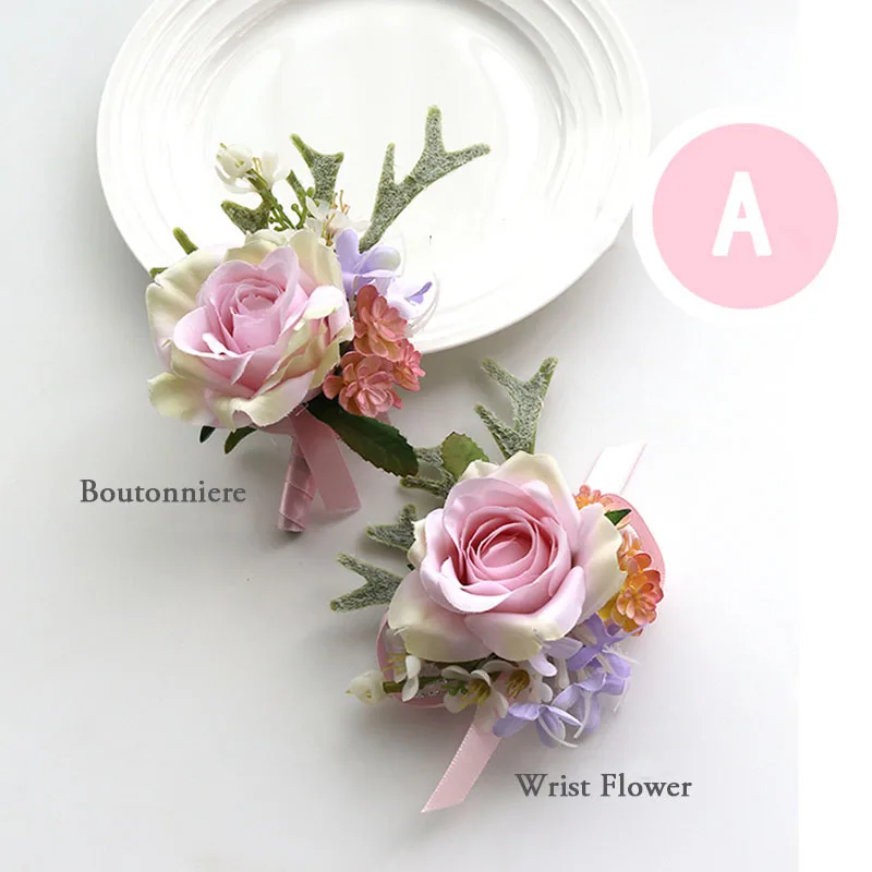 Dropshipping YO CHO 핑크 컬러 신부 들러리 Corsage 인공 장미 꽃 손목 Corsage 팔찌 남자 Boutonniere 결혼식, 드롭 쇼핑