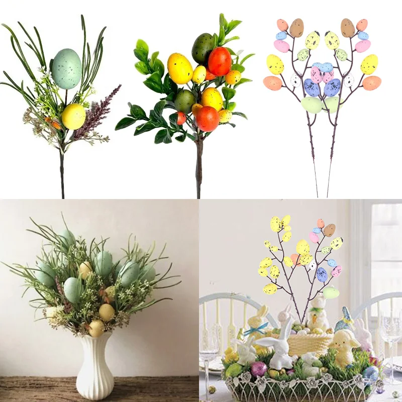 Easter Egg Tree Branch Colorful Painting Foam Egg Flower Fake Plant DIY Easter Decoration Festival Party Home Vase Decor Plant