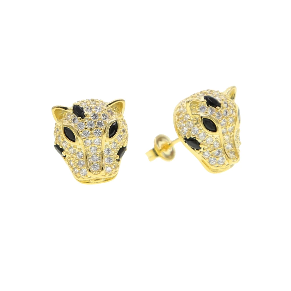Gold color white black cz paved cool animal design leopard jaguar stud earring for women