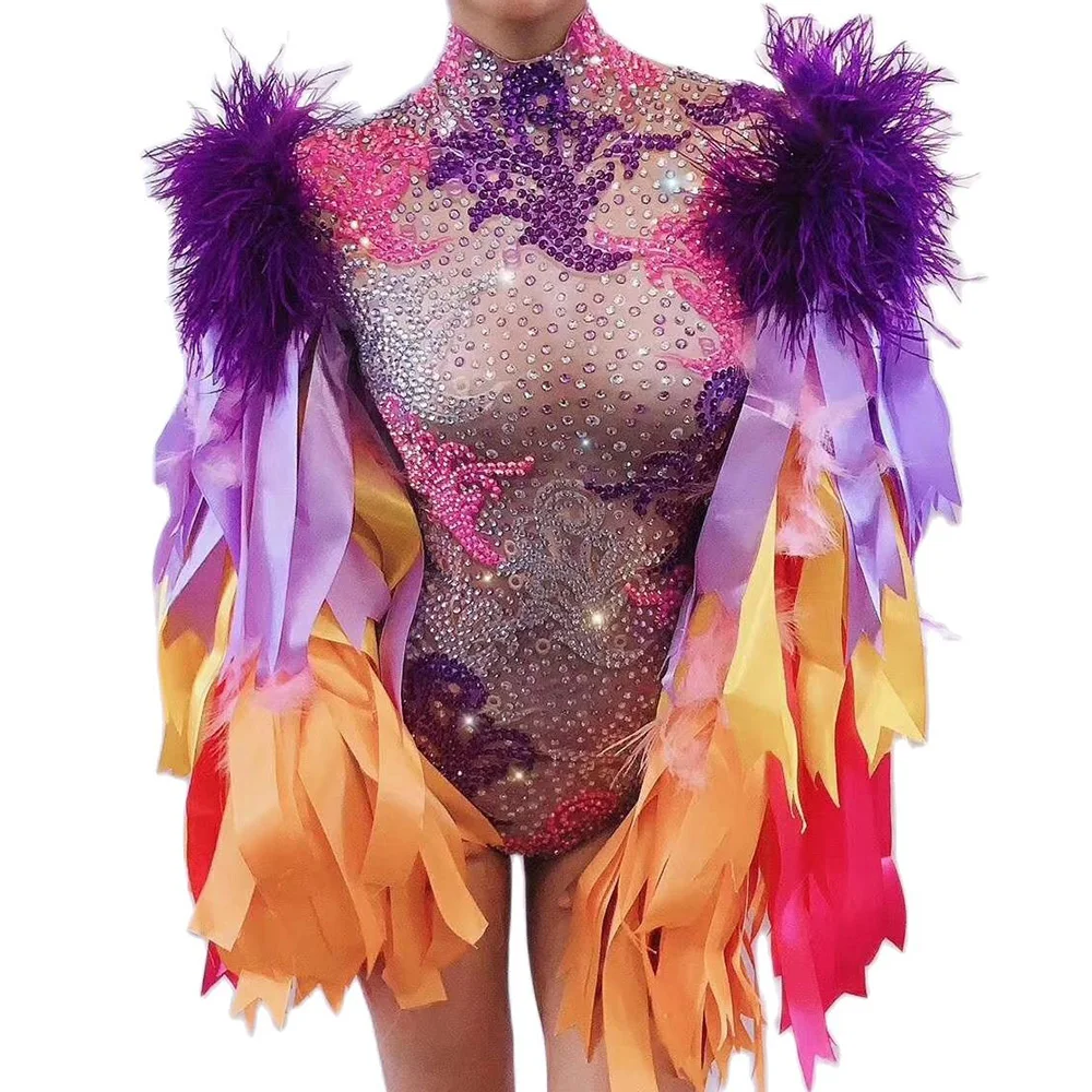 

Women Rhinestones Bodysuit Colored Ribbon Feathers Long Sleeve Shiny Costume Backless Personality Performance Drag Queen Outfit