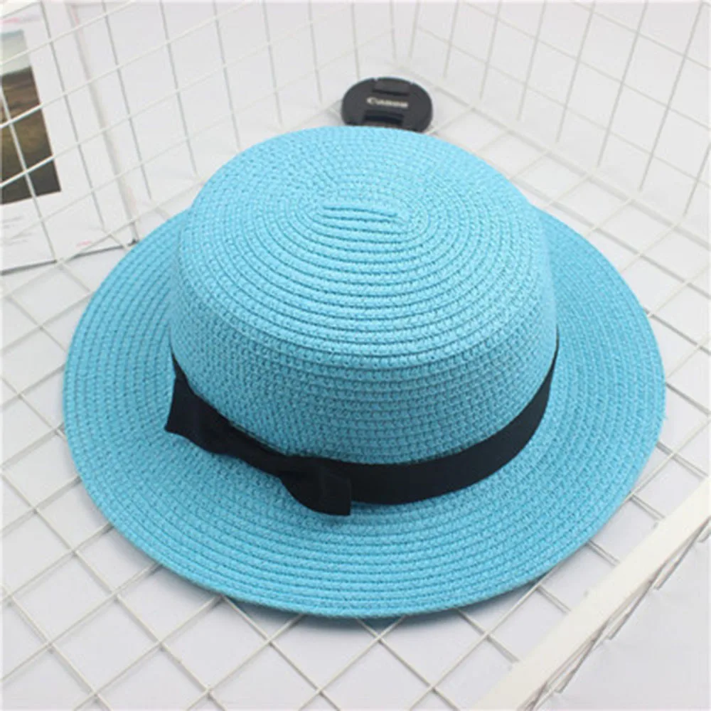 HUISHI Hat Straw Colorful Bowtie Parent-child Beach Cap Ladies Fashion Flat Brim Summer Straw Panama Cap Women Girls Sun Hat