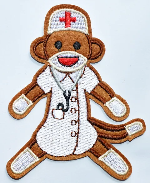 

100x Nurse - Sock Monkey - Medical - Hospital - Embroidered Iron On Applique Patch (≈ 7.5 * 10 cm)