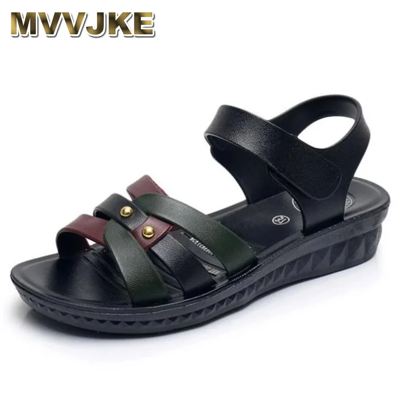 MVVJKE Size36-41Women Sandals Summer Female Platform Leather Shoes Mujer Flats Peep Toe Mixed Colors Soft Bottom Beach Sandalias