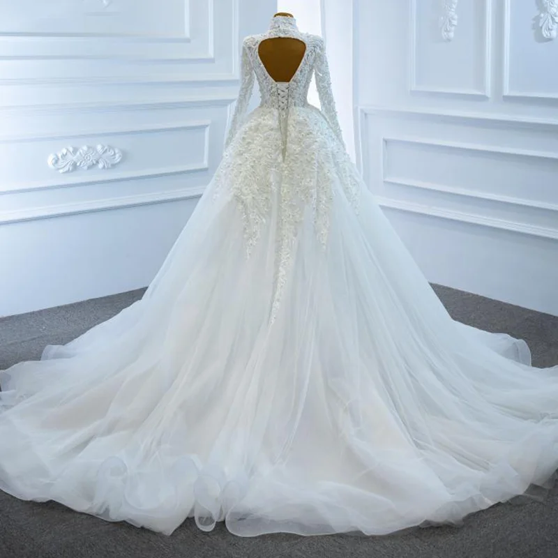 J67218 jancember White Wedding Dress 2020 Pearls Plus Size High Neck Appliques Lace Up Back Ball Gown