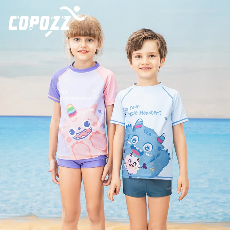 COPOZZ Children's Split Swimwear Short Sleeve Cartoon Sports Swimsuit Surfing Suits Beach Wear  For Boys Girls UV Protection 50+