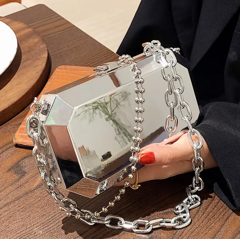 Silver Box Design Chain Party Clutch Fashion Purses and Handbags for Women Chic Designer Brand Shoulder Bag Crossbdoy Bag Female