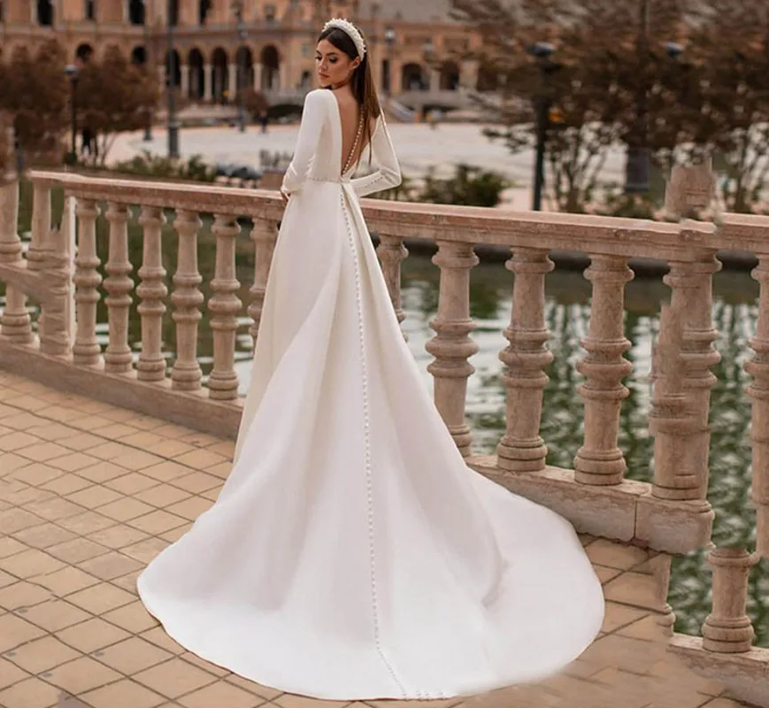 Áo Dây Mariage Thanh Lịch Satin Mềm Mại Áo CướI Tay Dài Một Dòng Ảo Giác Lưng Cô Dâu Đồ Bầu 2021 Bán Đầm Vestido De noiva