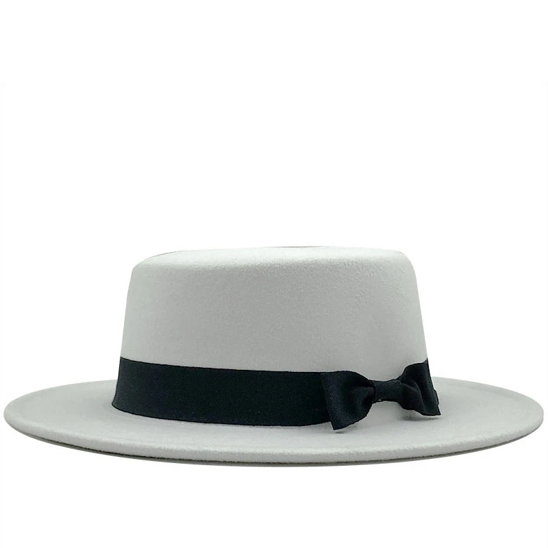 white Wool Boater Flat Top Hat For Women's Felt Wide Brim Fedora Hat Laday Prok Pie Chapeu de Feltro Bowler Gambler Top Hat