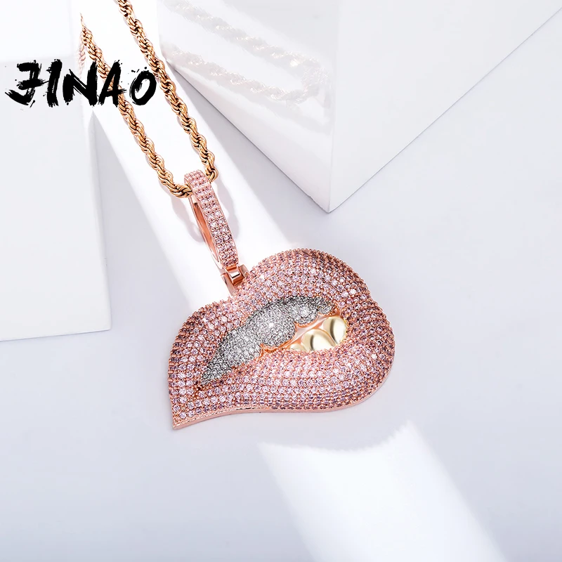 JINAO HIP HOP Micro Pave Pink and Purple AAA+Cubic Zirconia Drip Lips Pendant Necklace Iced Out CZ Jewelry Gift For Women