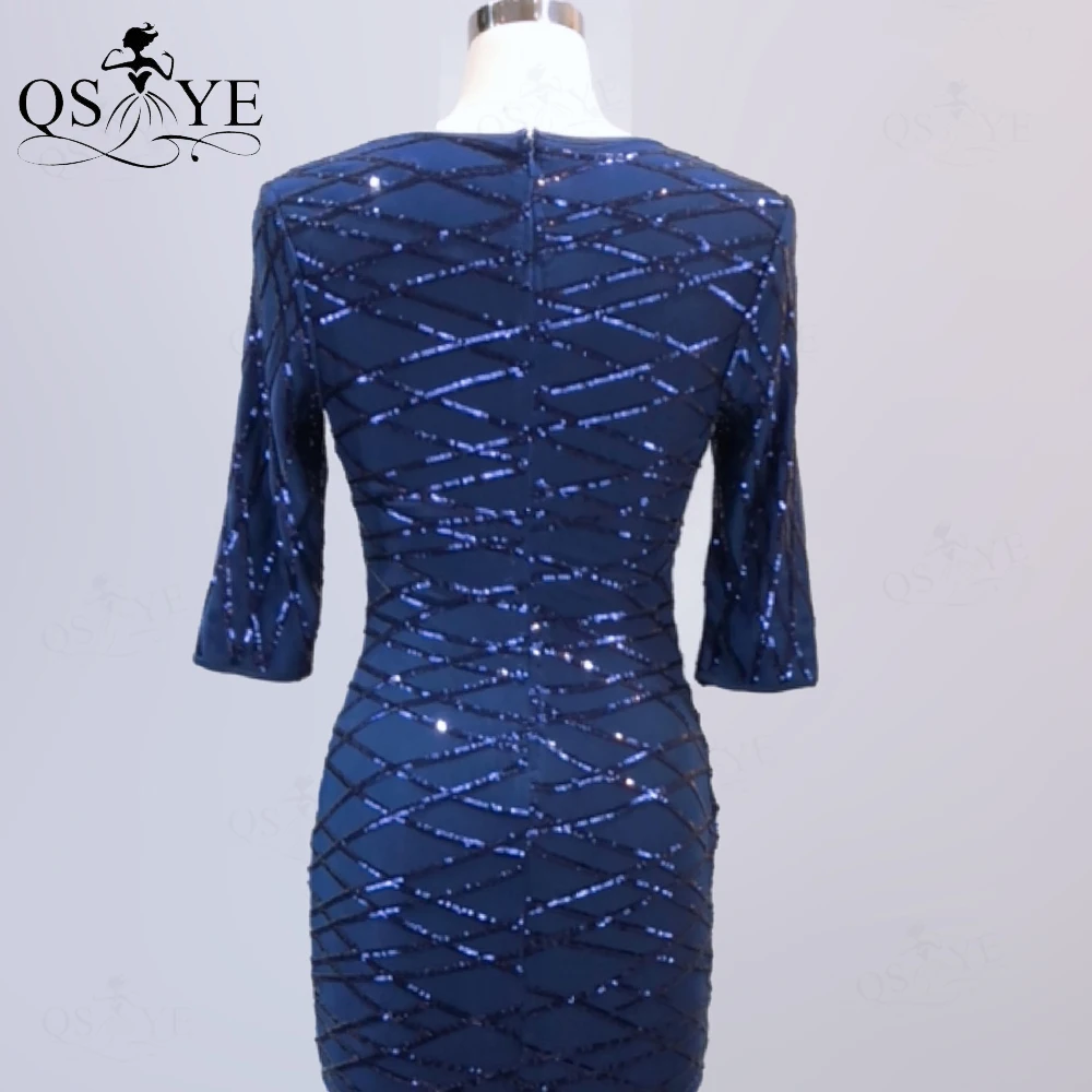 Vestido de noche azul marino con lentejuelas para mujer, Vestido Formal elegante con cuello alto y mangas largas, cola de pez, corte azul