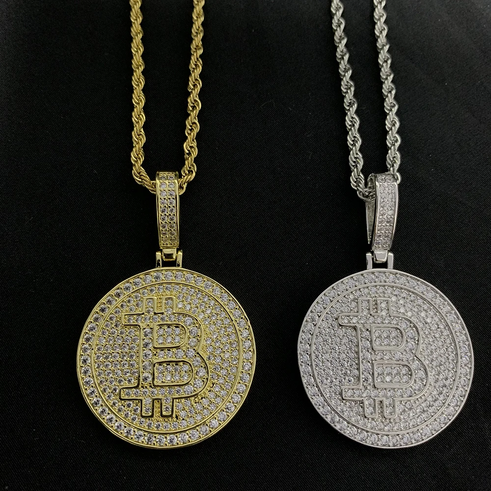 Bitcoin Iced Out Anhänger Halsketten Für Frauen Männer Gepflasterte Zirkon Stein Mit Kubanischen Kette Für Männer Frauen Hip Hop Schmuck Drop Shippin