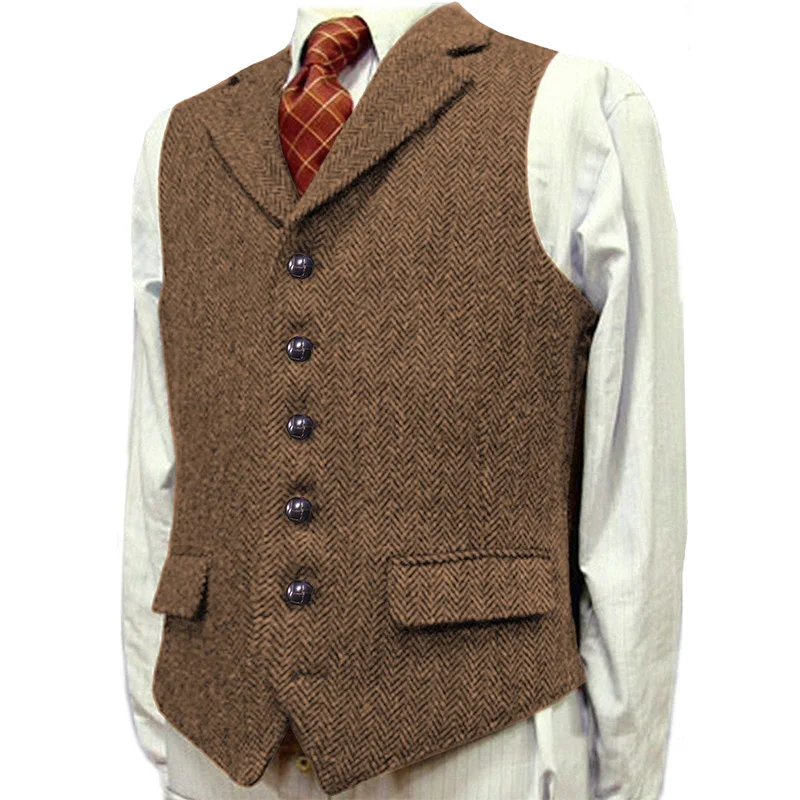 

2023 Formal Tweed Waistcoat/Vest Wool Green Herringbone Notched Lapel Plus Size Brown/Black/Navy /Blue Business