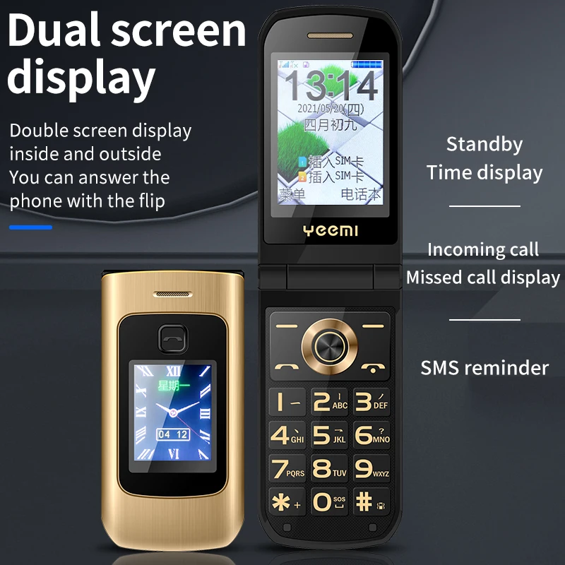 Dual Screen Flip Senior Cellphone 2G GSM Free Case SOS Large Push Button Fast Dial Loud Sound Camera Torch Elderly Foldale Phone