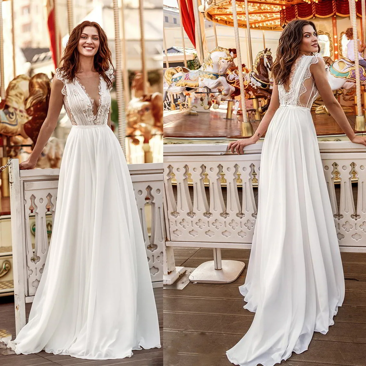 Abito da sposa Boho Chiffon scollo a v lungo partito abiti semplici pizzo Chiffon abito lungo bianco Backless prendisole Robe De Mariee