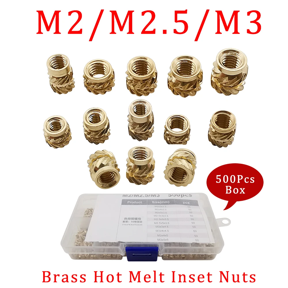 

500 Pcs/Box M2 M2.5 M3 Brass Knurled Injection Insert Nuts Assortment Kit Hot Melt Inset Nuts Threaded Insert Nut Embed Parts