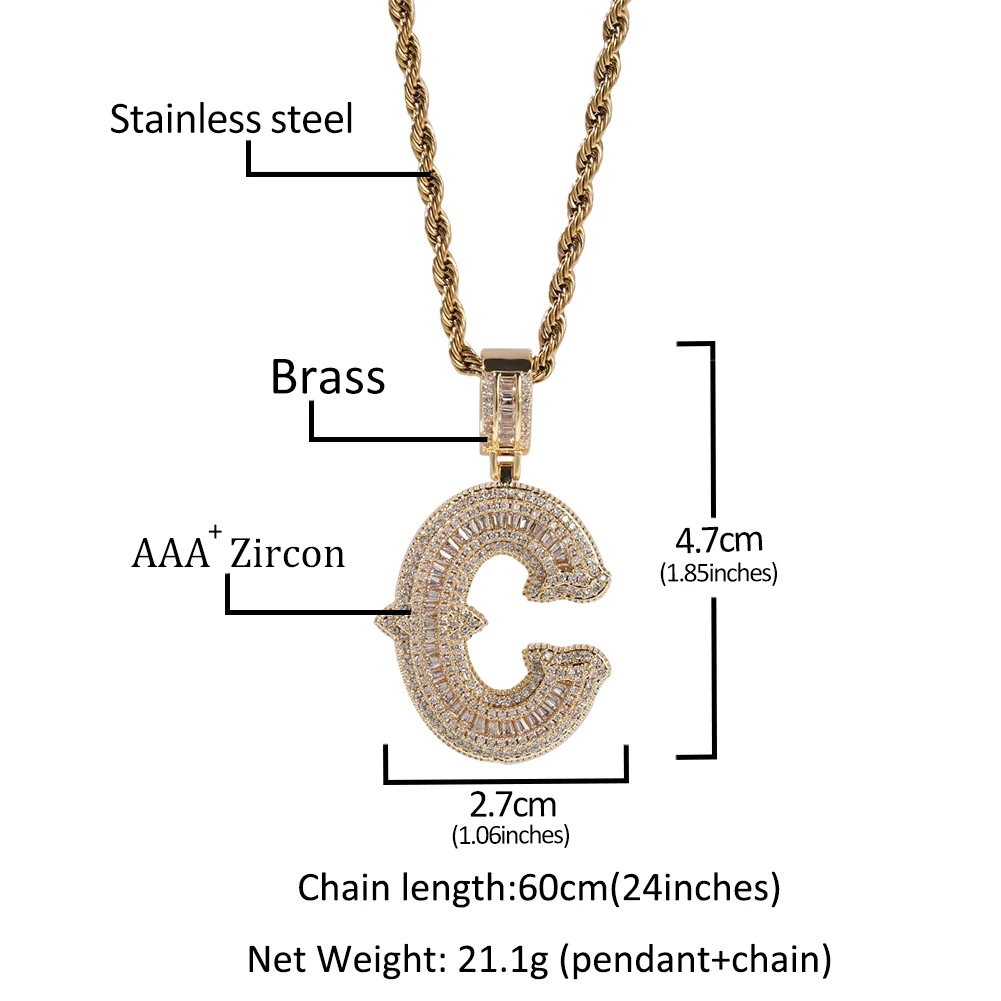 UWIN Initial Letter Pendant Necklace for Women Men Iced Out baguettecz Zircon Charms with Tennis Chain Hip Hop Jewelry for Gift